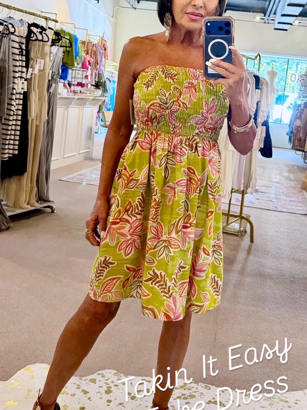 En Creme Strapless Mini Dress in Lime Green with Pink Floral Print